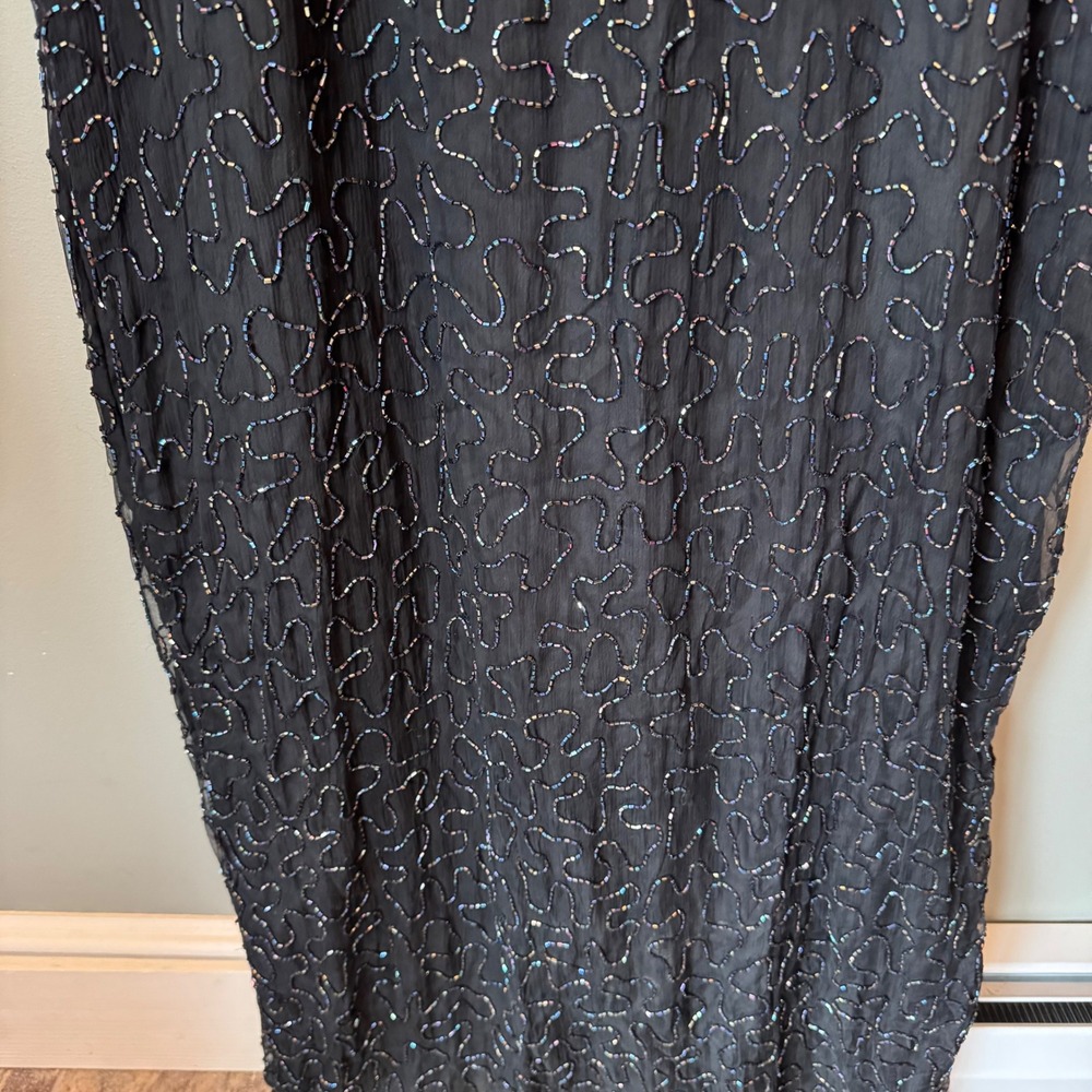 Vintage Beaded Whimsigoth Silk Maxi Dress Black Silver Iridescent Formal Gown - Picture 6 of 16
